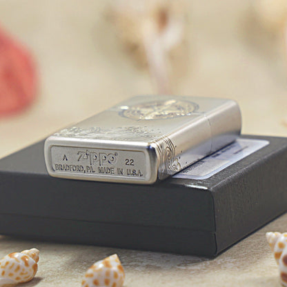 Zippo Brushed Chrome Two Tone Compass Rose and Waves - SC03