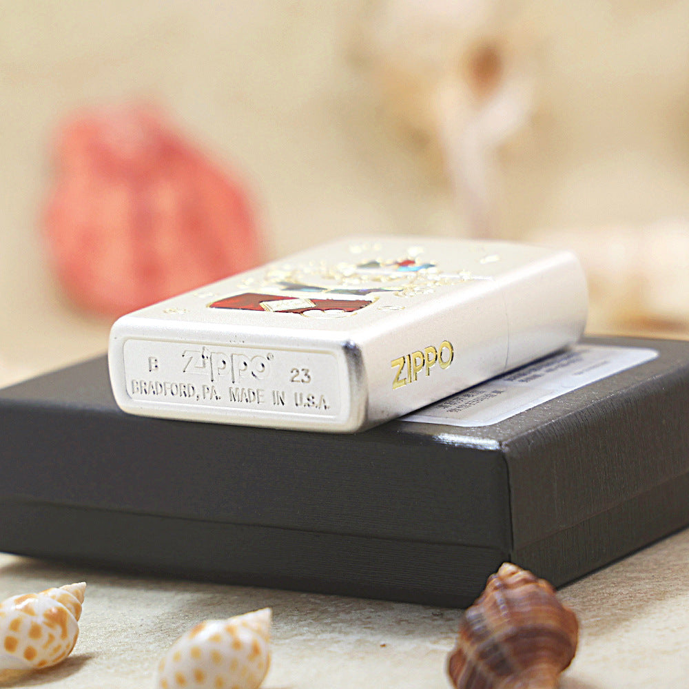 Zippo Brushed Smoked Chrome 'Good Luck Dragon' Deep Carve with Abalone Shell Inlay - DS142