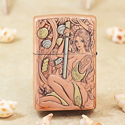 Zippo Copper Finish Intricate Engraved Female Warrior and Katana - CM13