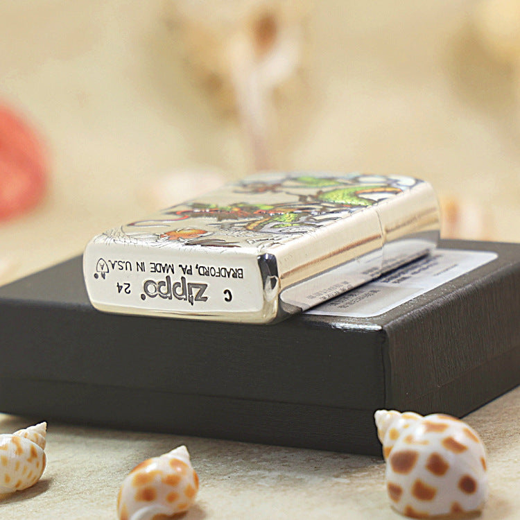 Zippo Embossed Enamel 'Prosperous Dragon' Silver-Plated 162-DS62