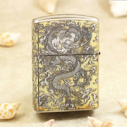 Zippo Gold and Silver Deep Carved Coiling Dragon in the Clouds - SC33