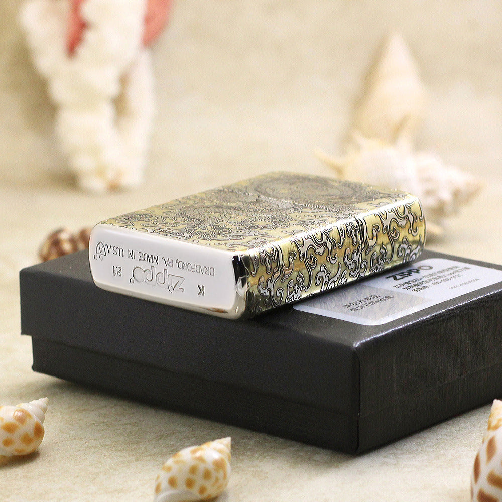 Zippo Gold and Silver Deep Carved Coiling Dragon in the Clouds - SC33