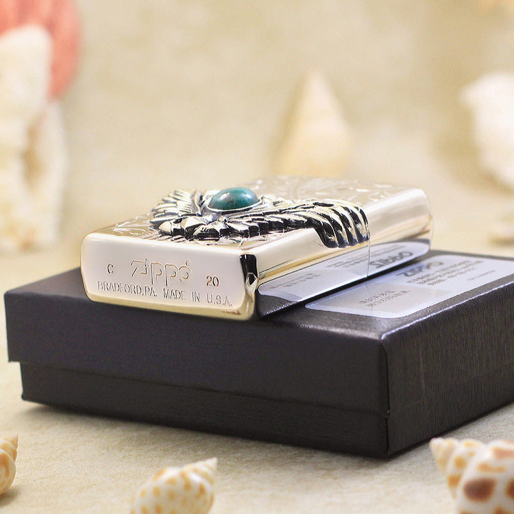 Zippo Hand-Carved Wing Emblem with Turquoise Inlay - JP72