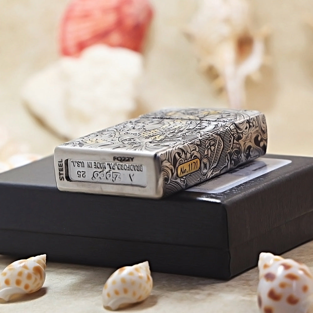 Zippo Heavy Carved Two-Tone Koi Fish and Turbulent Waves Case - CM14