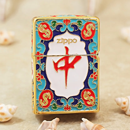 Zippo Heavy Relief Gold Enamel Prosperity Mahjong Tile Case - CM22