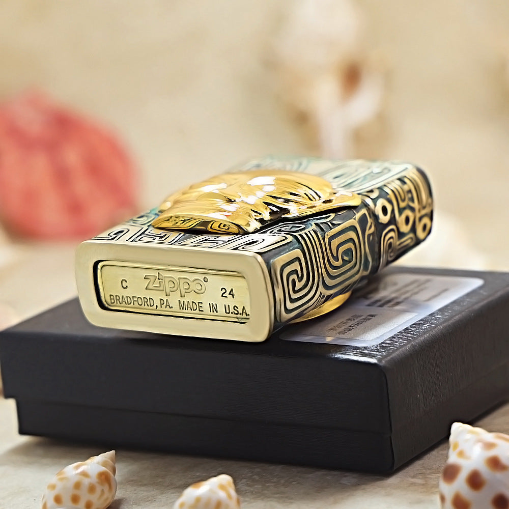 Zippo Heavy Relief Sanxingdui Golden Mask and Bronze Patina Case Set - CM25