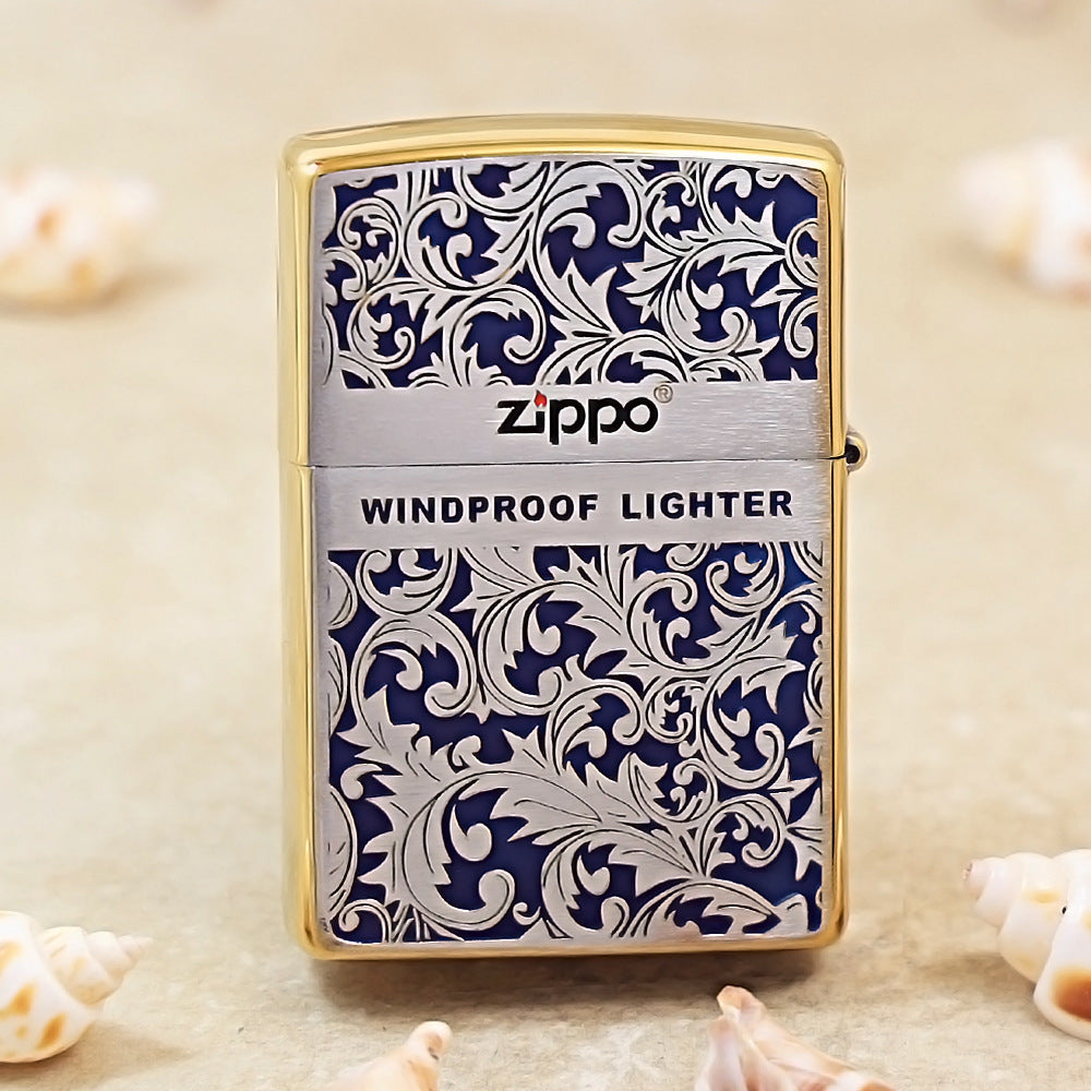 Zippo High Polish Brass Blue Color Filled Arabesque Scroll - CS05