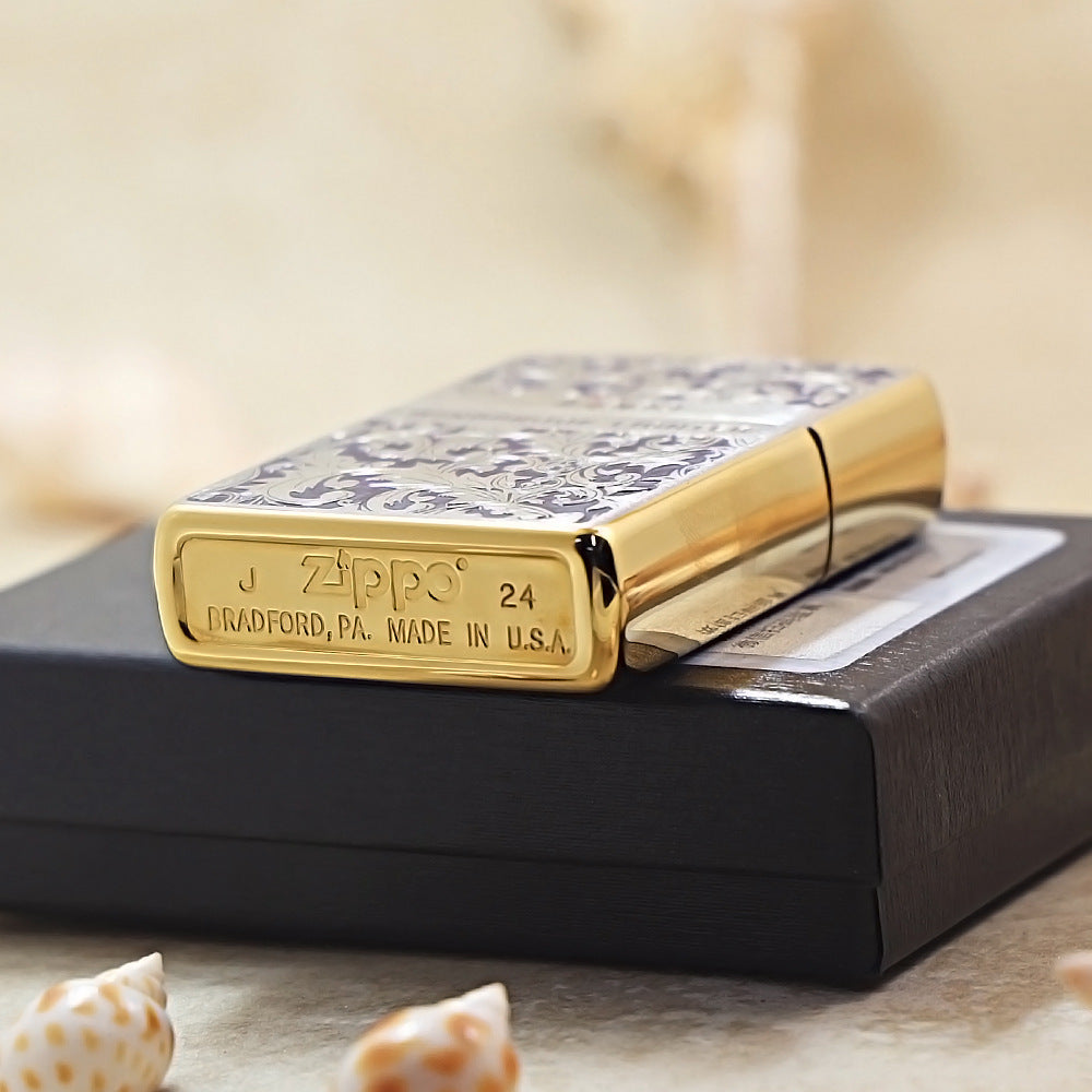 Zippo High Polish Brass Blue Color Filled Arabesque Scroll - CS05
