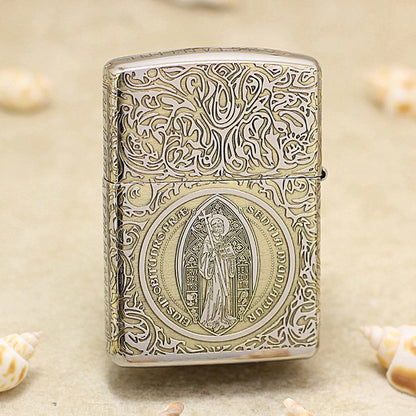 Zippo High Polish Brass Deep Carved Saint Benedict Cross and Angel - SC05