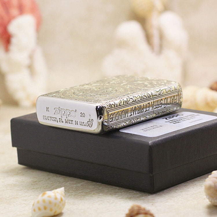 Zippo High Polish Brass Deep Carved Saint Benedict Cross and Angel - SC05