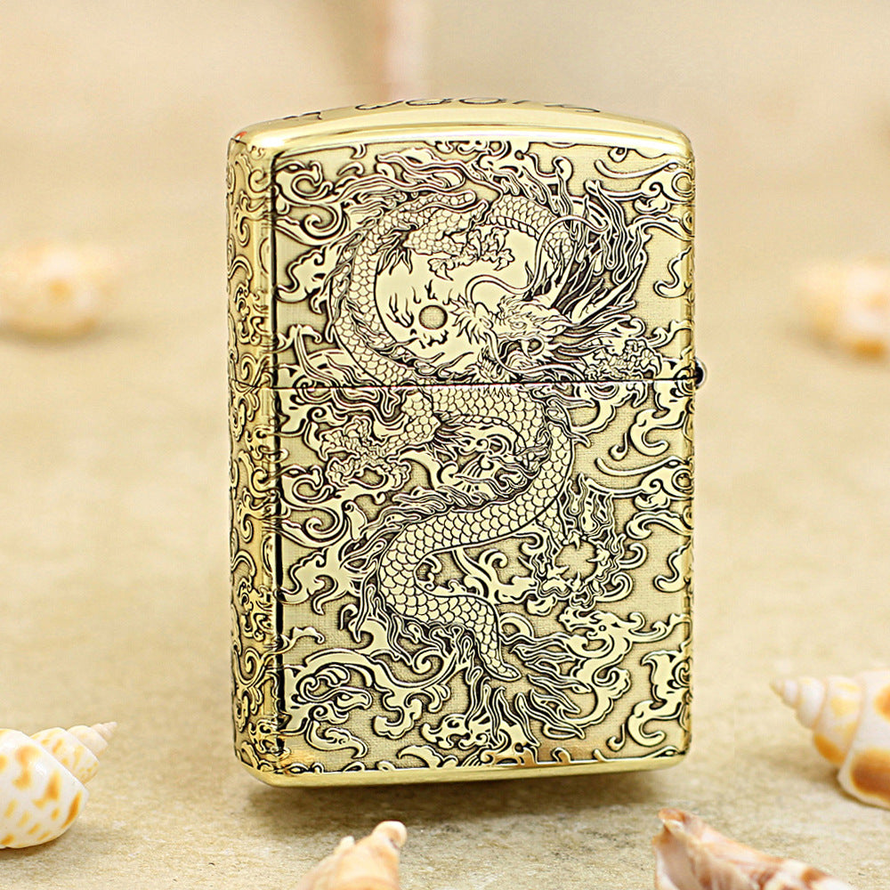 Zippo High Polish Brass Deep Engraved Flying Dragon in Sky - CC163