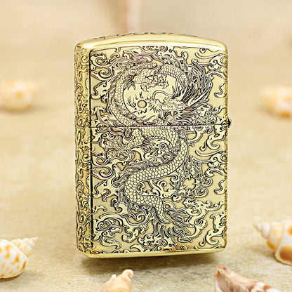 Zippo High Polish Brass Deep Engraved Flying Dragon in Sky - CC163