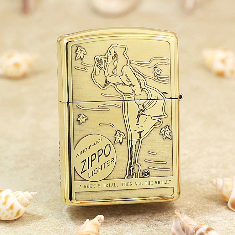 Zippo High Polish Brass Engraved Pin-Up Girl Autumn Wind - CC151