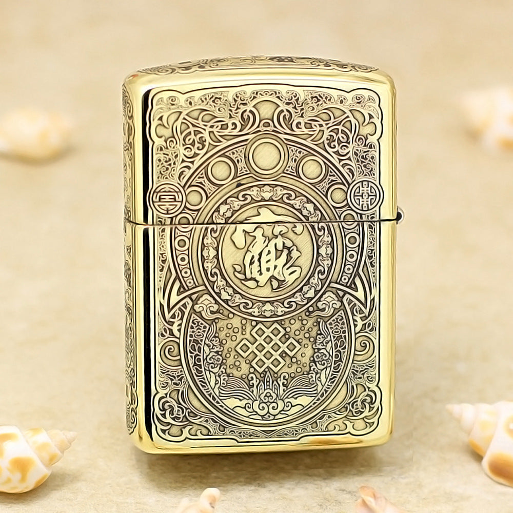 Zippo High Polish Brass Engraved Pixiu Lion and Ancient Coins - CC162
