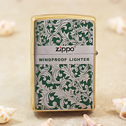 Zippo High Polish Brass Green Color Filled Arabesque Scroll - CS14
