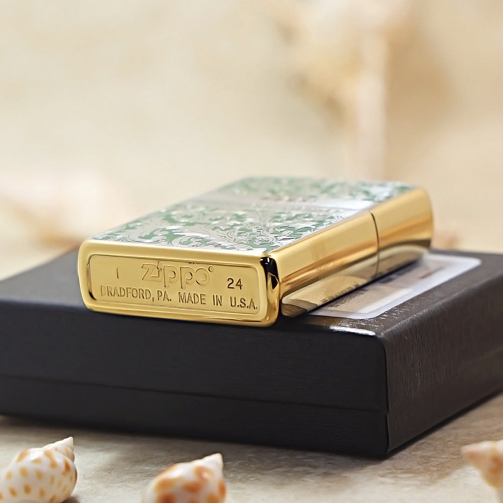 Zippo High Polish Brass Green Color Filled Arabesque Scroll - CS14