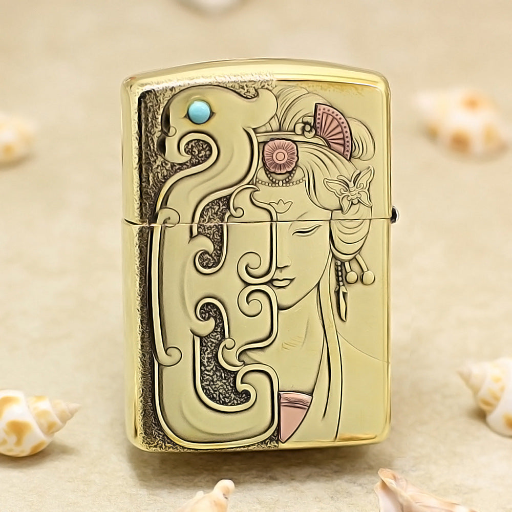 Zippo High Polish Brass Mulan Dragon Jade Carving Emblem - CC111