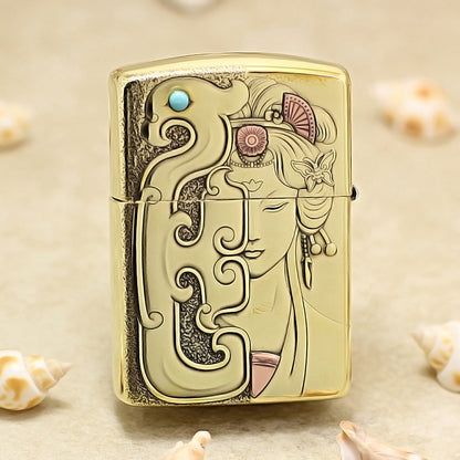 Zippo High Polish Brass Mulan Dragon Jade Carving Emblem - CC111