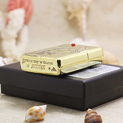 Zippo High Polish Brass Mulan Dragon Jade Carving Emblem - CC111