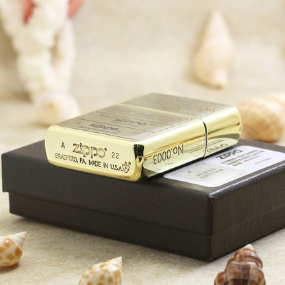 Zippo High Polish Brass Multi Panel Logo and Patent Stamps - SC01