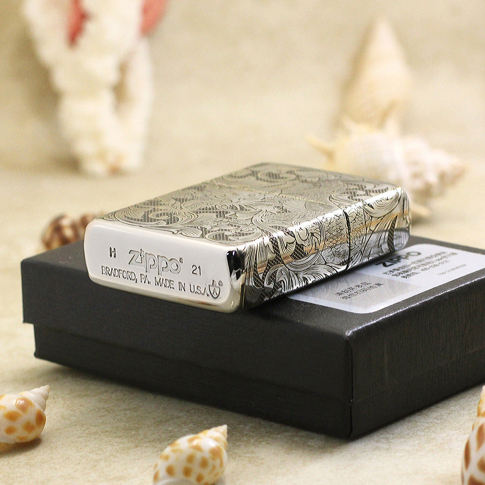 Zippo High Polish Chrome Deep Carved Dragon and Full Arabesque - SC26