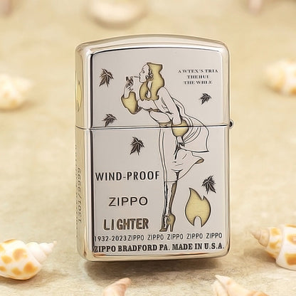 Zippo Premium Shine Steel Chiseled Pin-Up Maiden with Falling Leaves - SC04