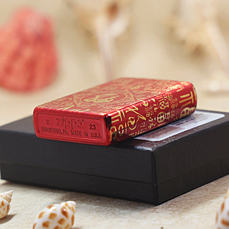 Zippo Red High Polish Gold Engraved Hundred Fu Characters - CS27