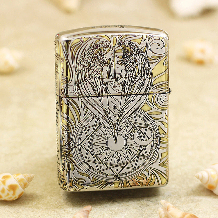 Zippo Silver and Gold Deep Carved Winged Figure and Sacred Geometry - SC32