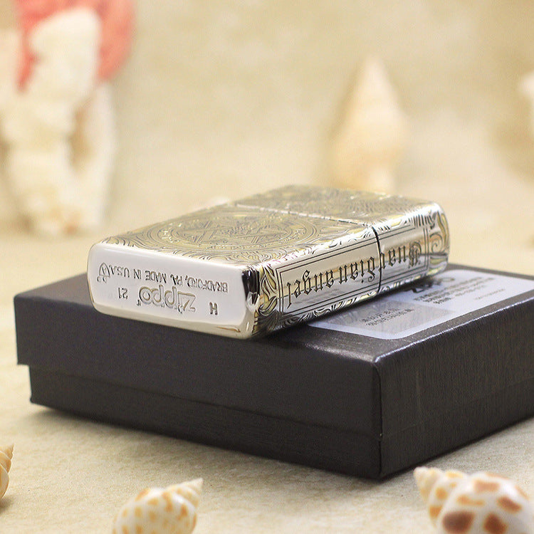 Zippo Silver and Gold Deep Carved Winged Figure and Sacred Geometry - SC32