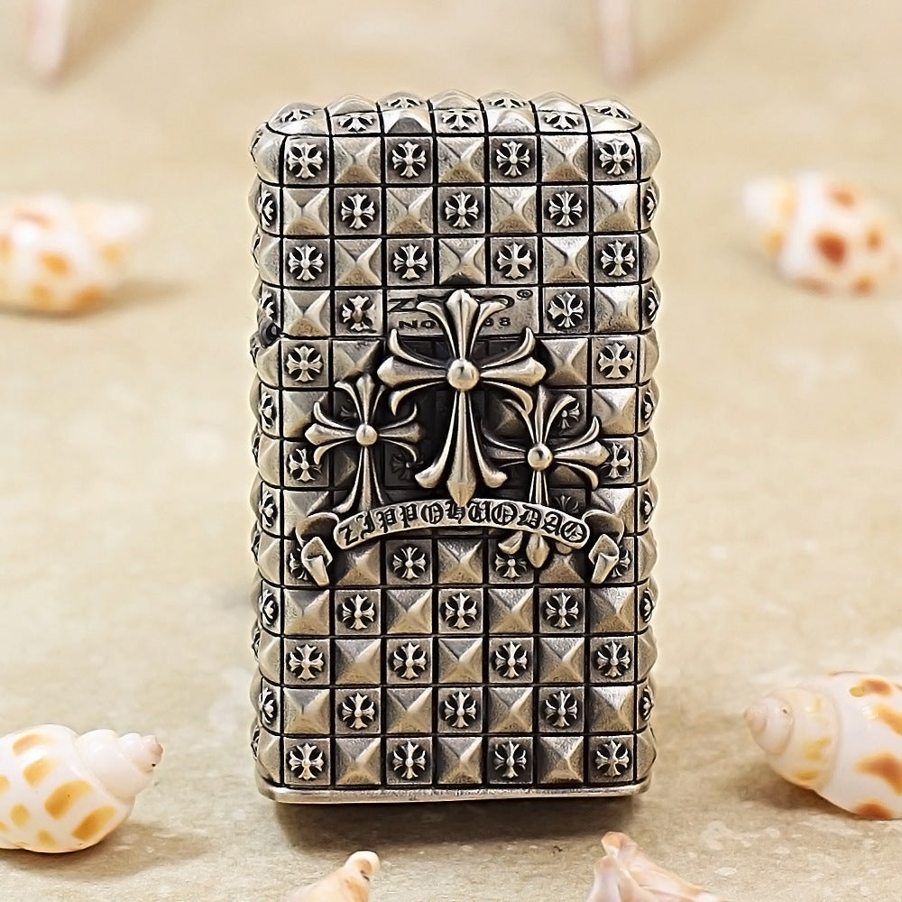 Zippo Slim Antique Silver Gothic Cross Shell Case - CM57