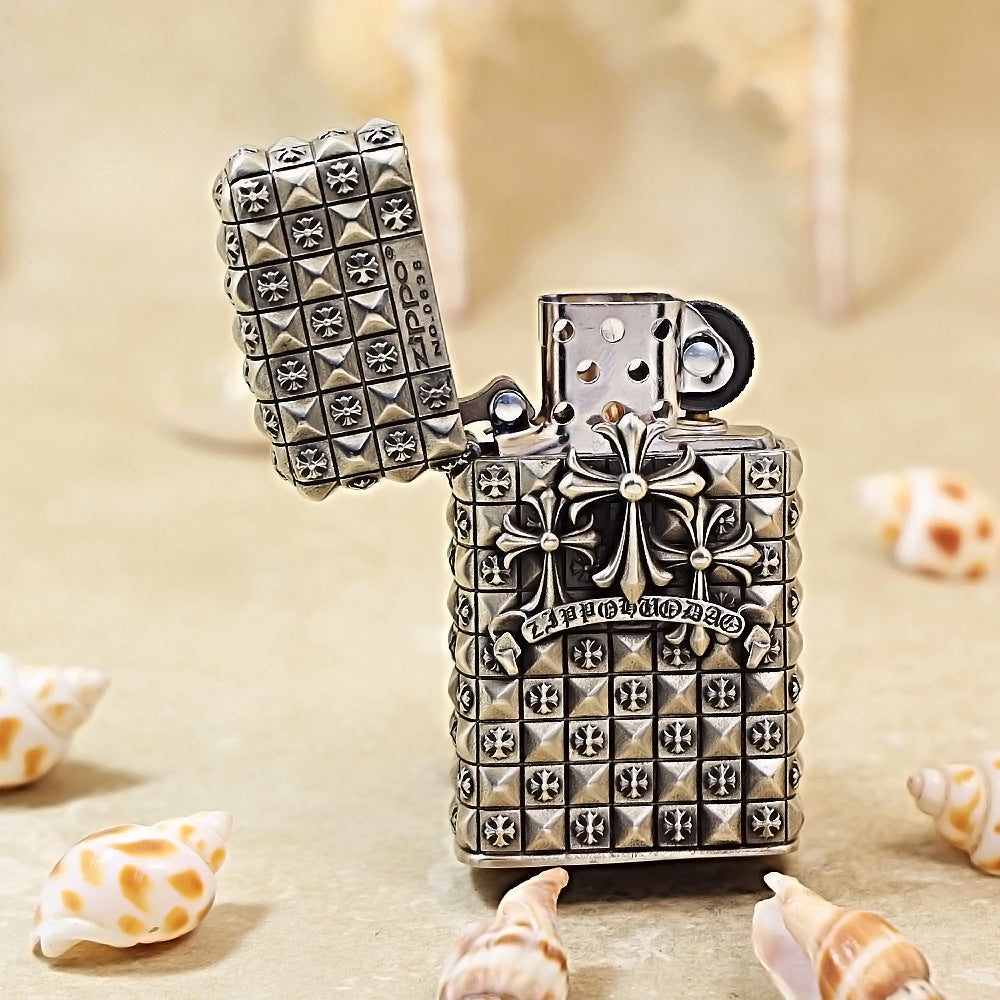 Zippo Slim Antique Silver Gothic Cross Shell Case - CM57