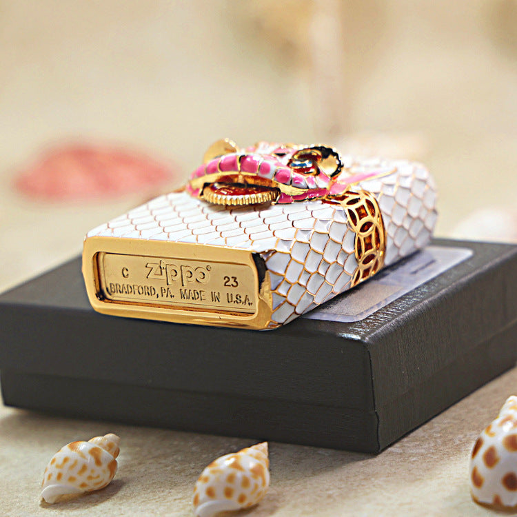 Zippo White Scale Enamel Case Set Pink Dragon Head - CM01