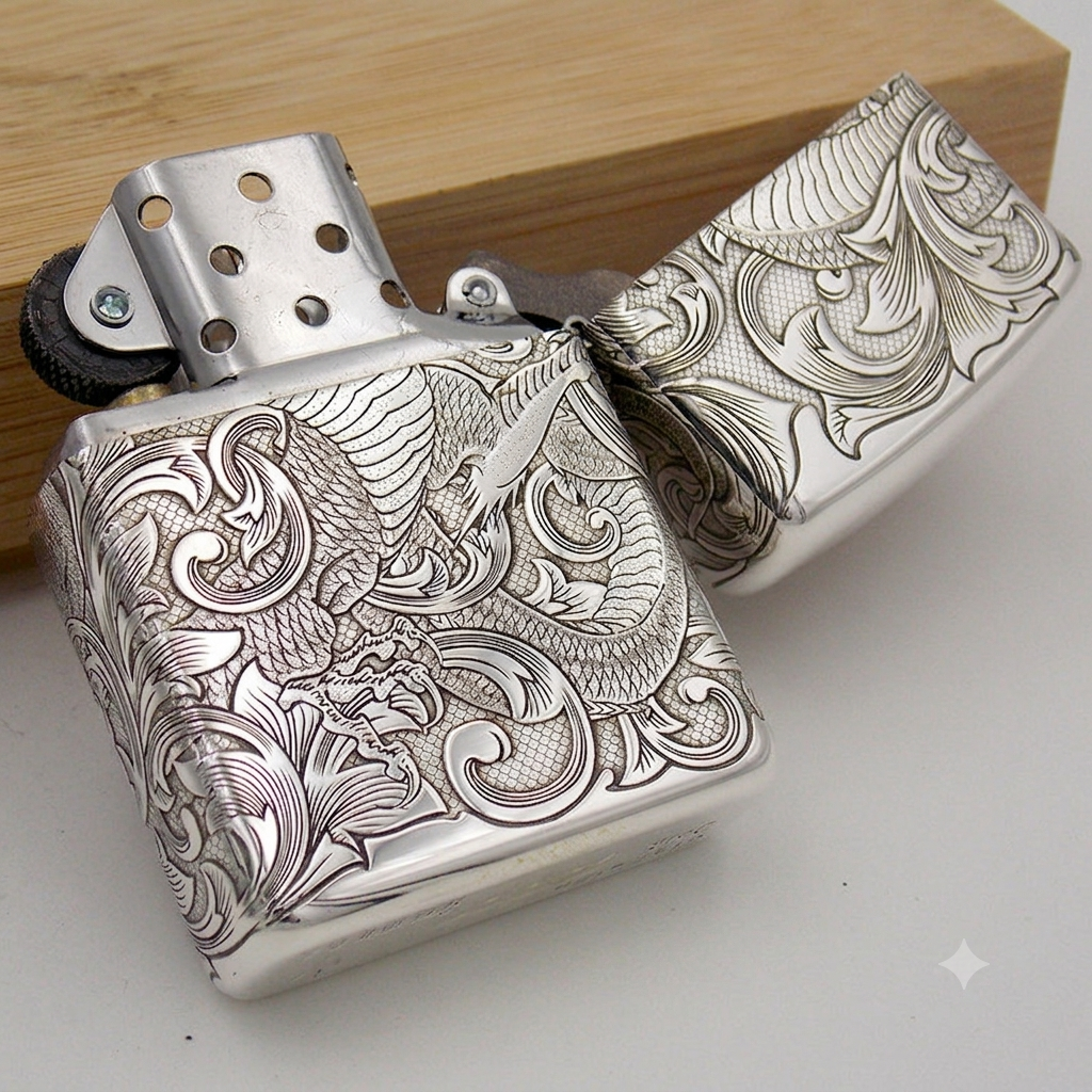 Zippo Armor Sterling Silver Lighter – Custom 5-Sided Deep Carved Dragon & Tang Grass