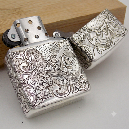 Zippo Armor Sterling Silver Lighter – Custom 5-Sided Deep Carved Dragon & Tang Grass