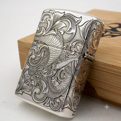 Zippo Armor Sterling Silver Lighter – Custom 5-Sided Deep Carved Dragon & Tang Grass