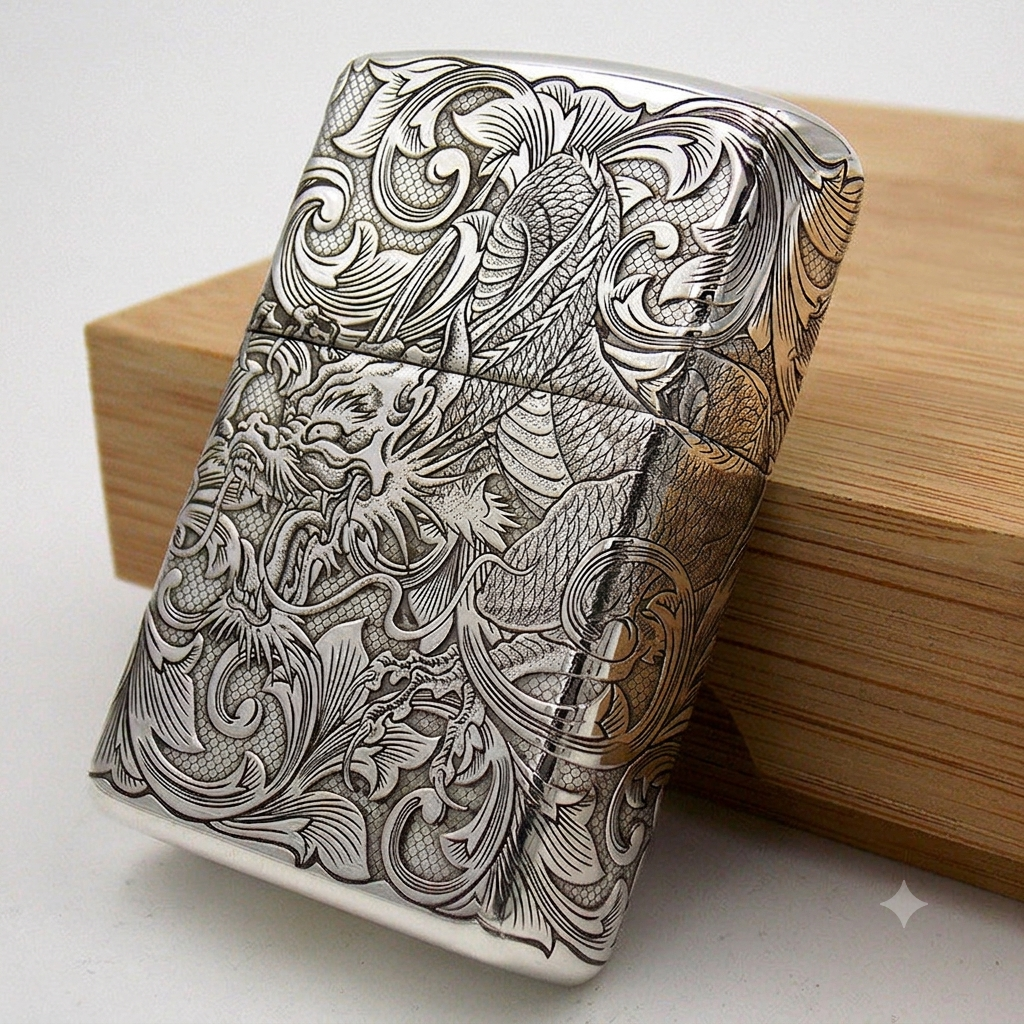 Zippo Armor Sterling Silver Lighter – Custom 5-Sided Deep Carved Dragon & Tang Grass