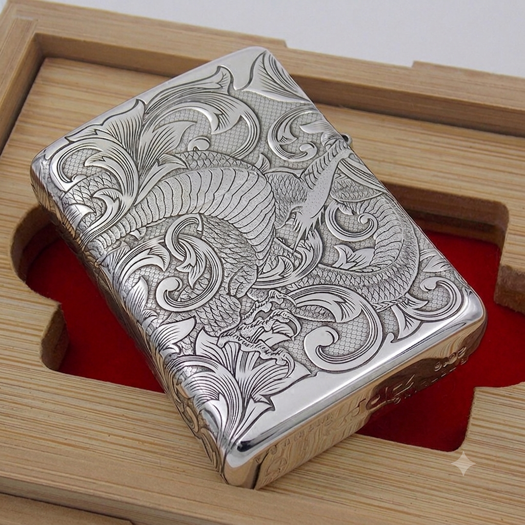 Zippo Armor Sterling Silver Lighter – Custom 5-Sided Deep Carved Dragon & Tang Grass