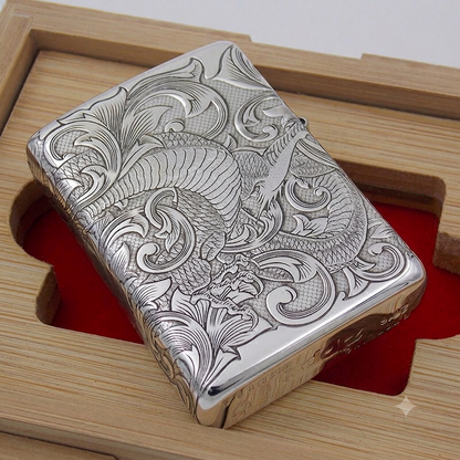 Zippo Armor Sterling Silver Lighter – Custom 5-Sided Deep Carved Dragon & Tang Grass